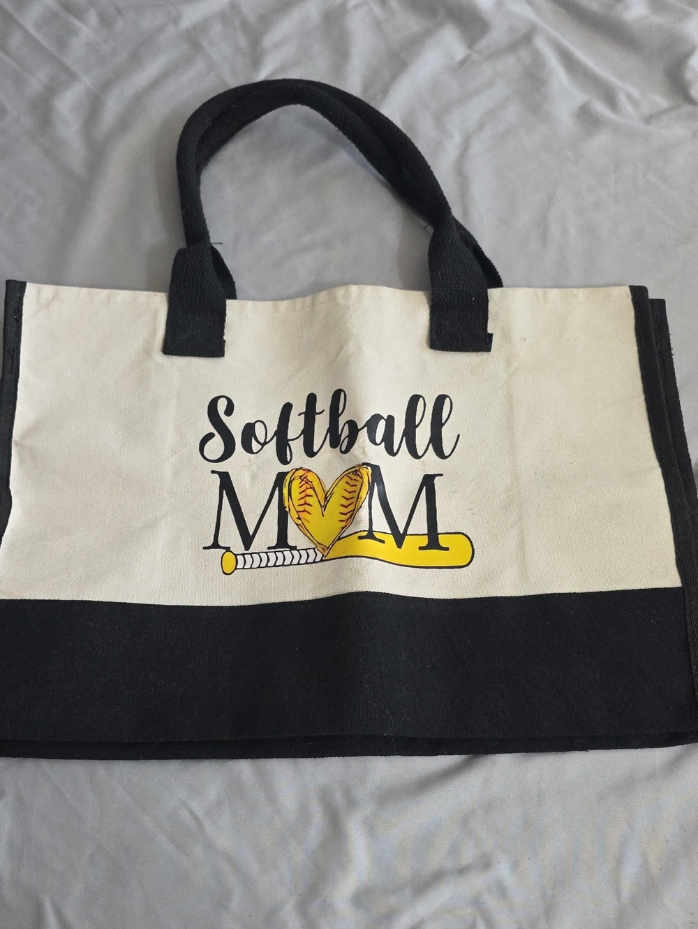 Softball Mom Canvas Tote Bag - Black & Cream with Yellow Accent